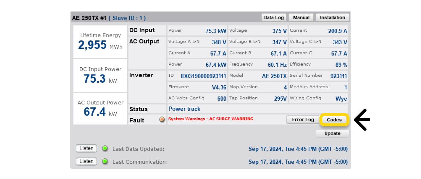 Codes Button on Inverter Status